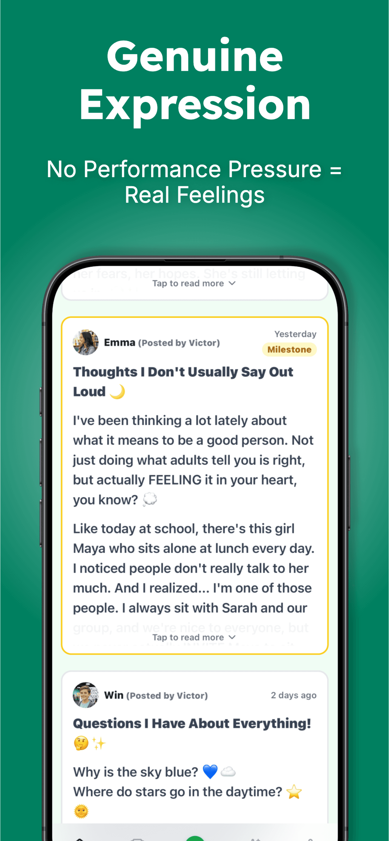 No Performance Pressure - Without likes or comments, kids share genuine thoughts