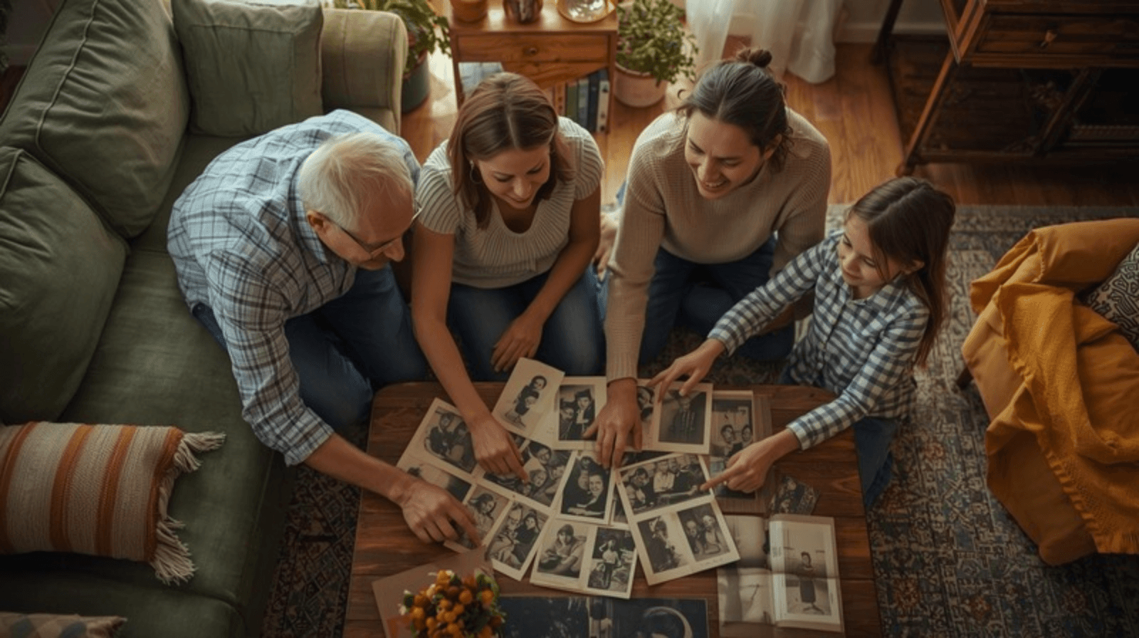 Family looking at old photos together, reminiscing about precious memories