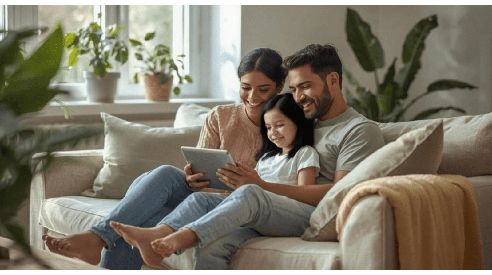 Family looking at tablet together, capturing memories